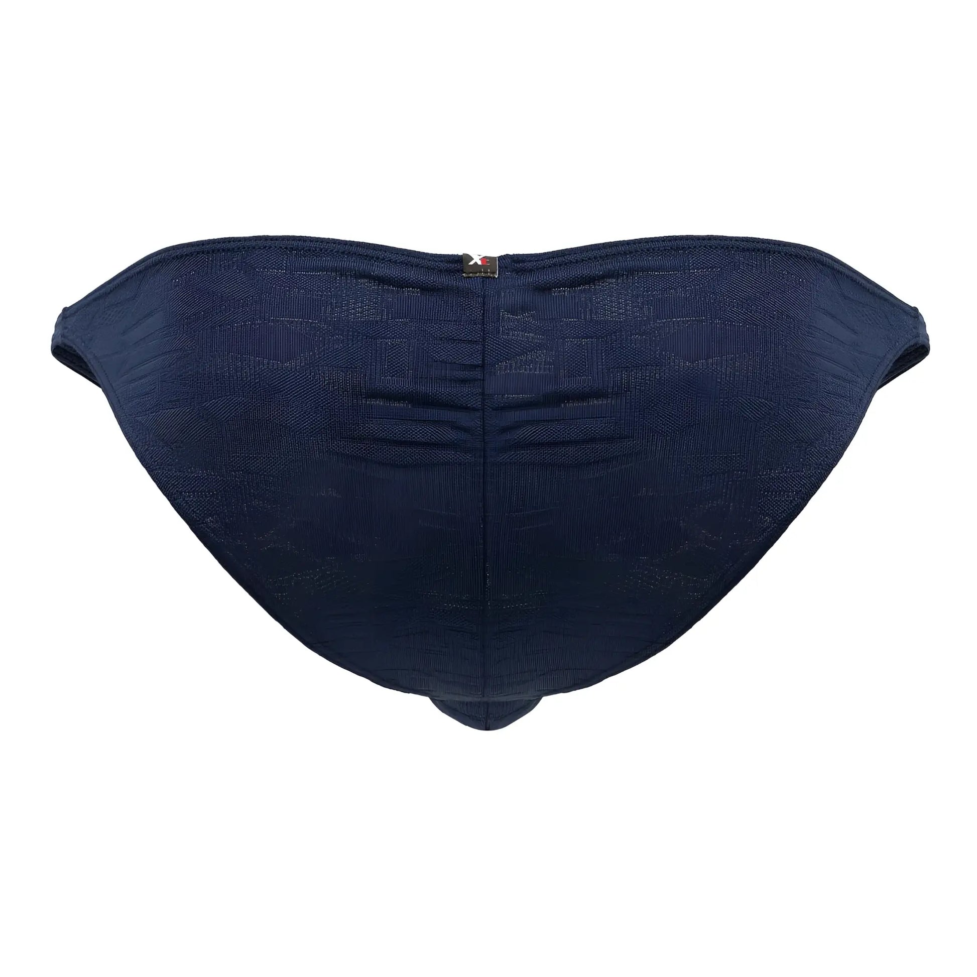Navy blue textured jacquard bikini bottom with a small metallic tag at the center back xtremen 91201