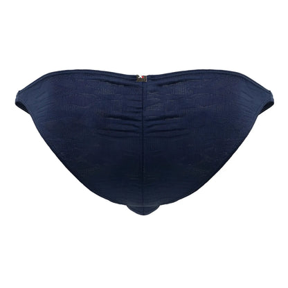 Navy blue textured jacquard bikini bottom with a small metallic tag at the center back xtremen 91201