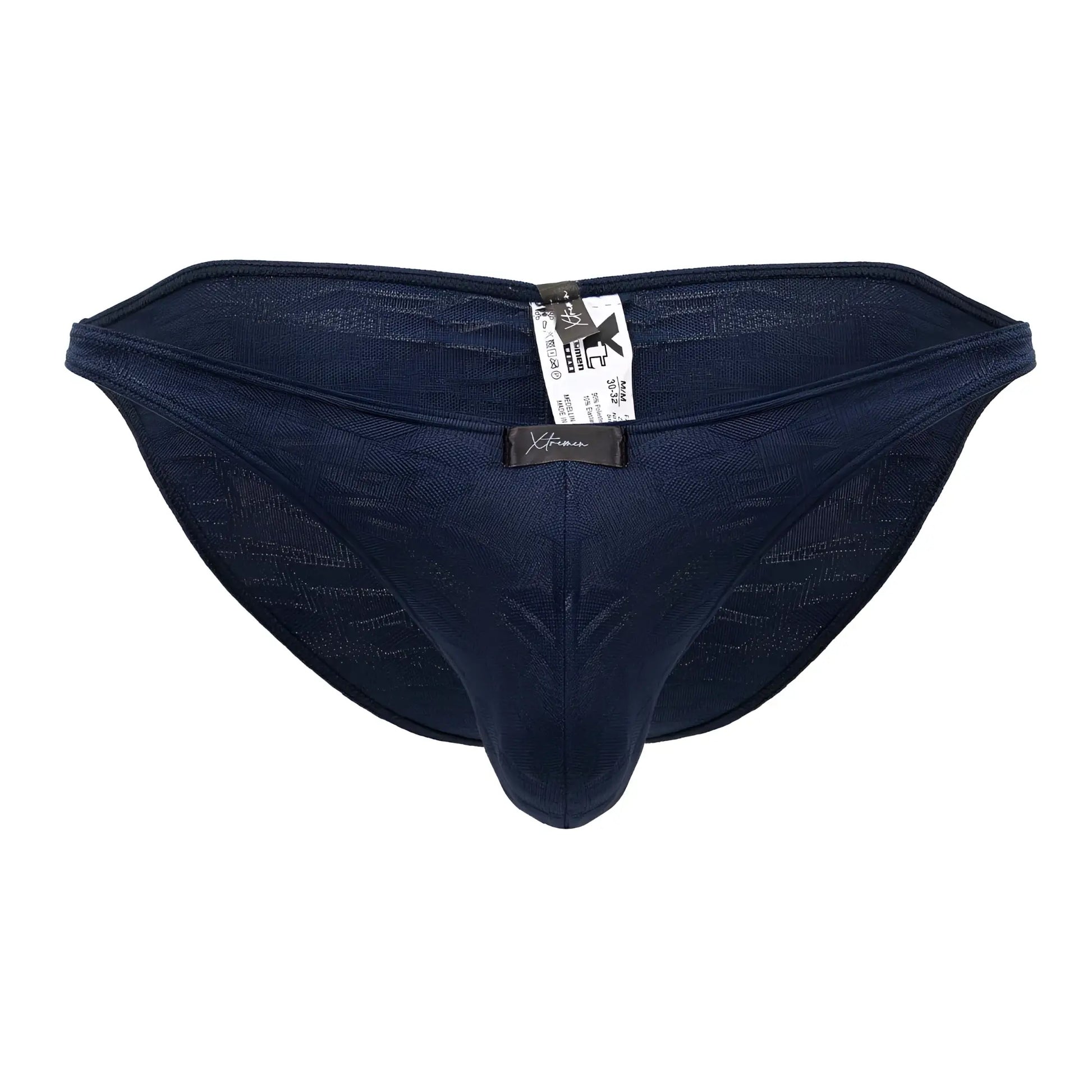 Navy blue xtremen 91201 jacquard bikini briefs with textured fabric subtle pattern and branded tag at the back