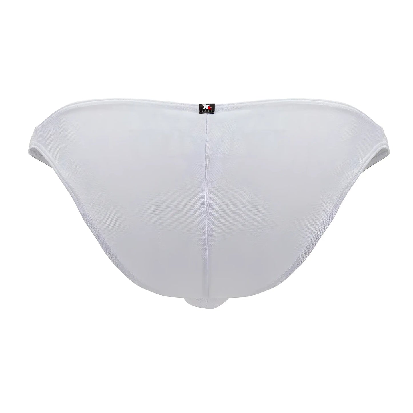 Back view of xtremen 91201 jacquard bikini white mesh briefs with subtle textured pattern and black brand tag