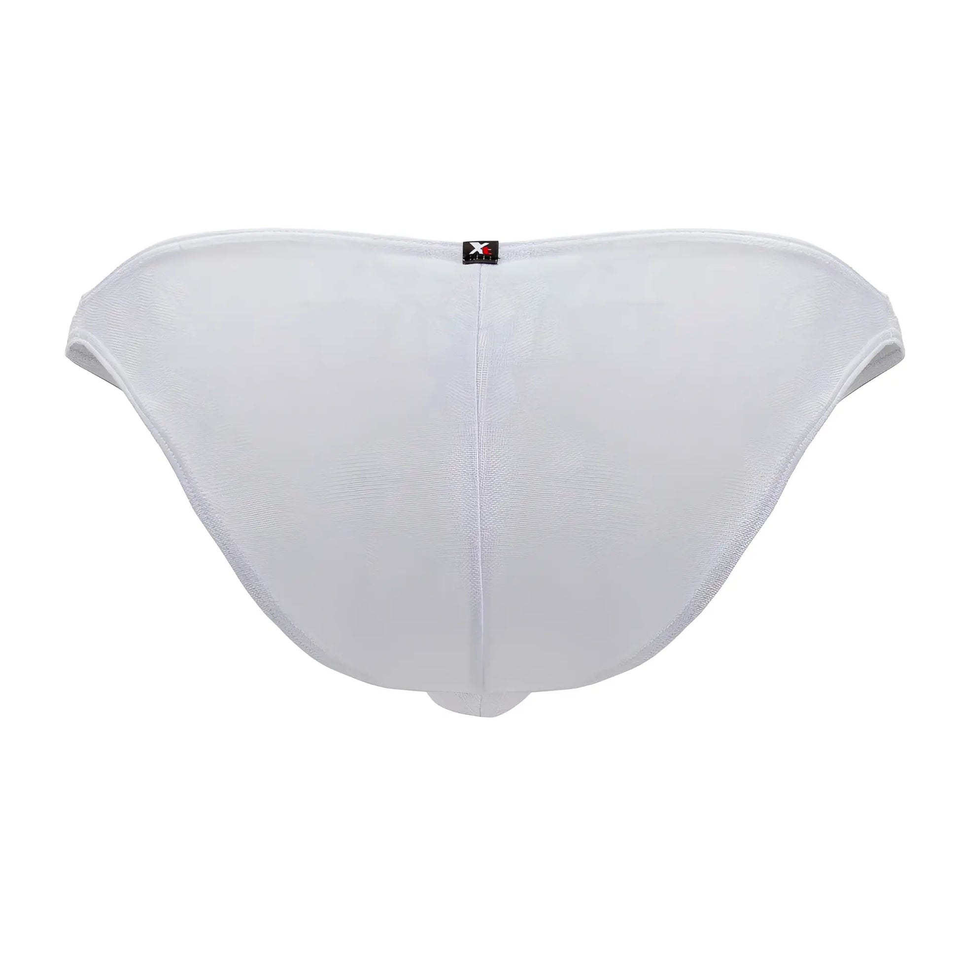 Back view of xtremen 91201 jacquard bikini white mesh briefs with subtle textured pattern and black brand tag