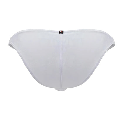 Back view of xtremen 91201 jacquard bikini white mesh briefs with subtle textured pattern and black brand tag