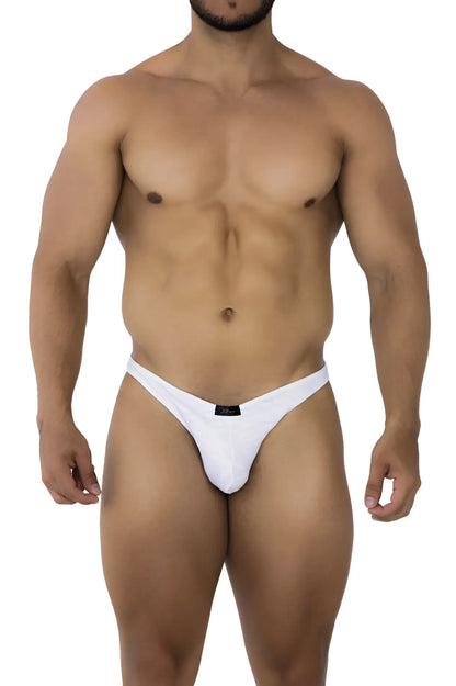White xtremen 91201 jacquard thong bikini with form-fitting design and black brand tag at the waistband front