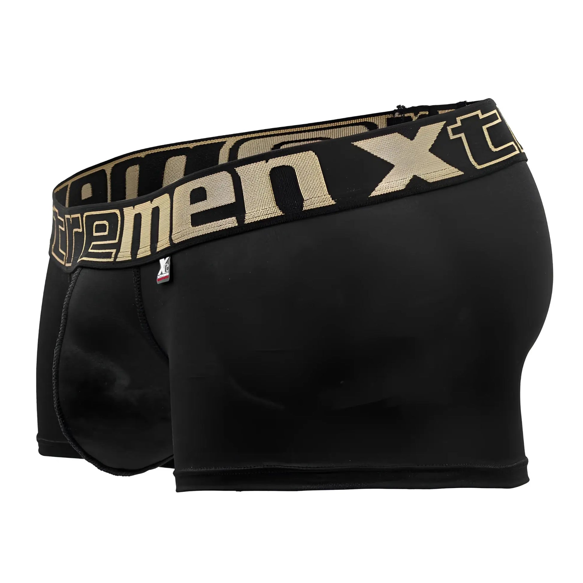 Black men’s Xtremen 91202 microfiber boxer briefs with a beige extreme xt logo waistband in black color