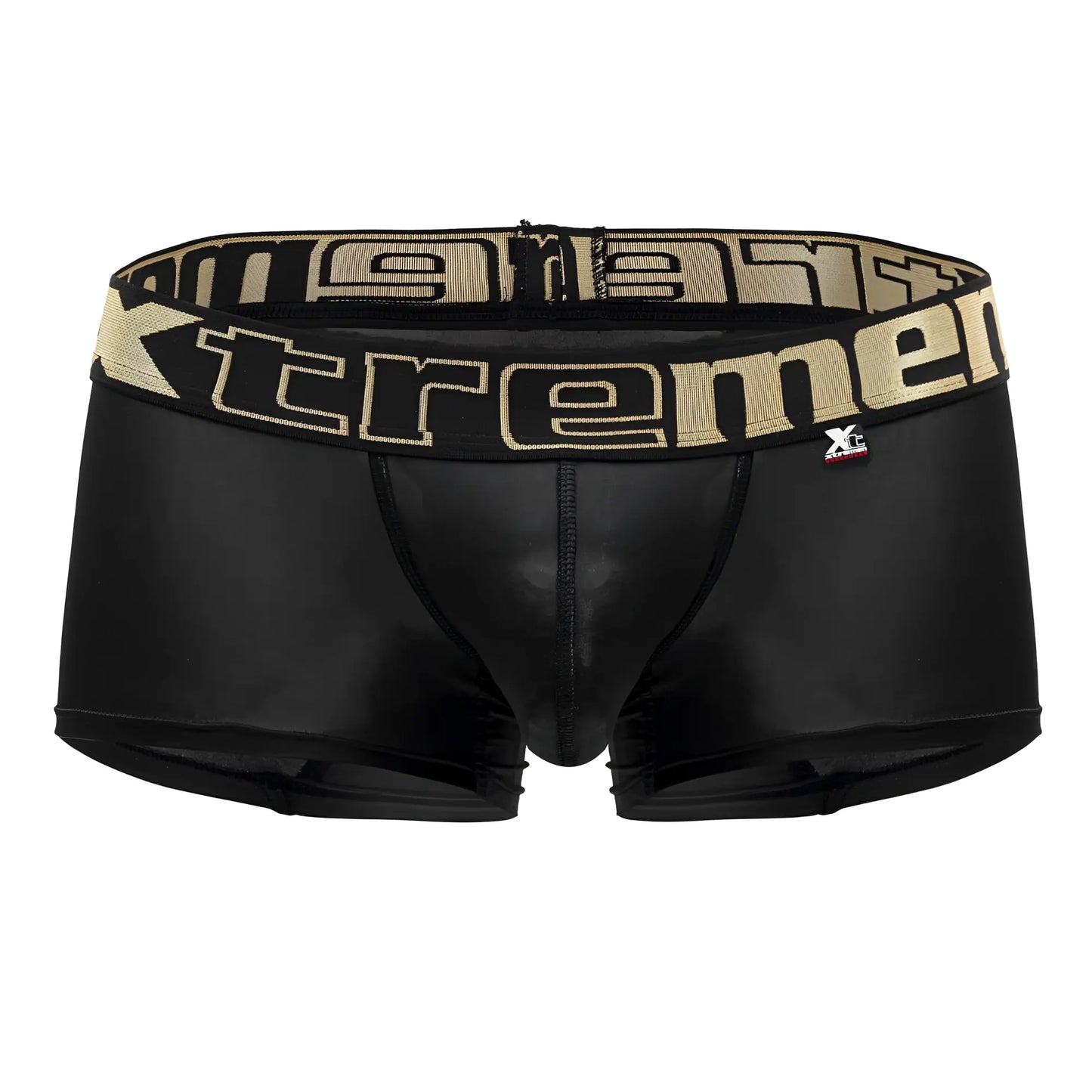 Black xtremen 91202 microfiber trunks in shiny stretchy fabric with bold beige tremen logo band front view