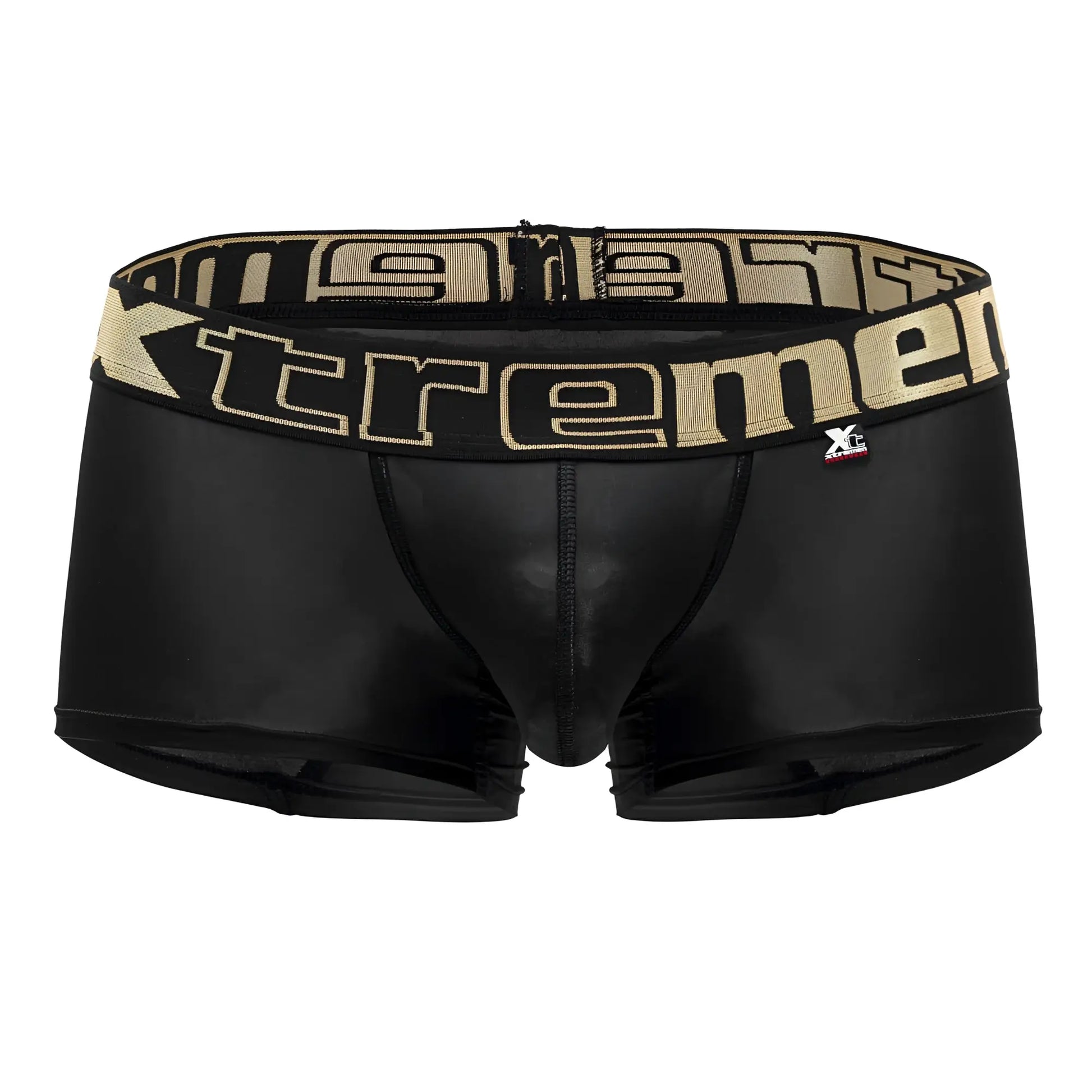 Black xtremen 91202 microfiber trunks in shiny stretchy fabric with bold beige tremen logo band front view