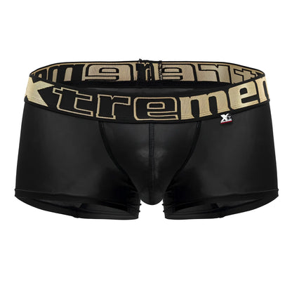 Black xtremen 91202 microfiber trunks in shiny stretchy fabric with bold beige tremen logo band front view