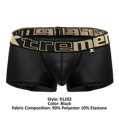 Black xtremen 91202 microfiber trunks featuring a tan and black tremen logo waistband for comfortable support