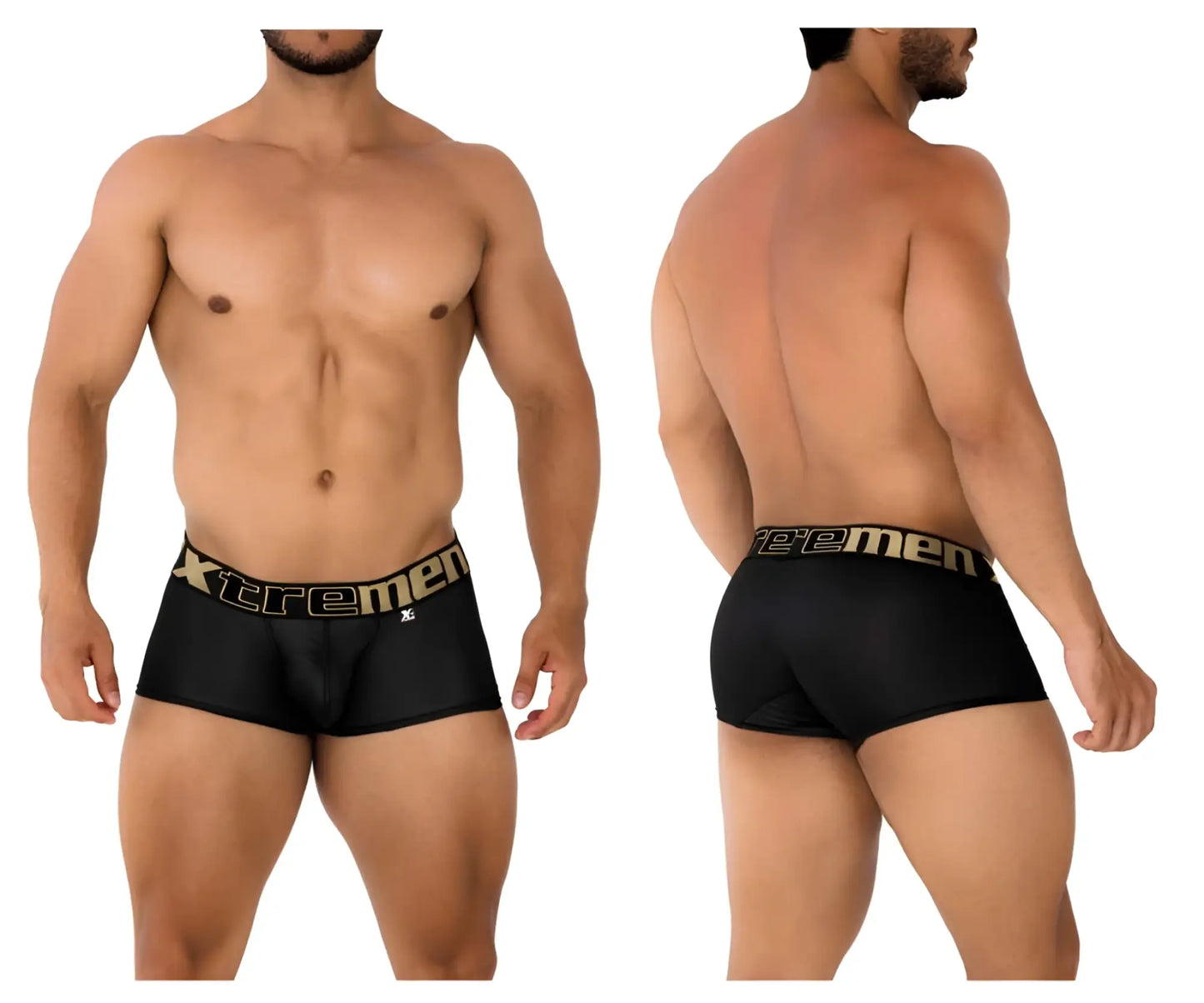 Black xtremen 91202 microfiber boxer briefs with gold lettering on the waistband for comfortable support