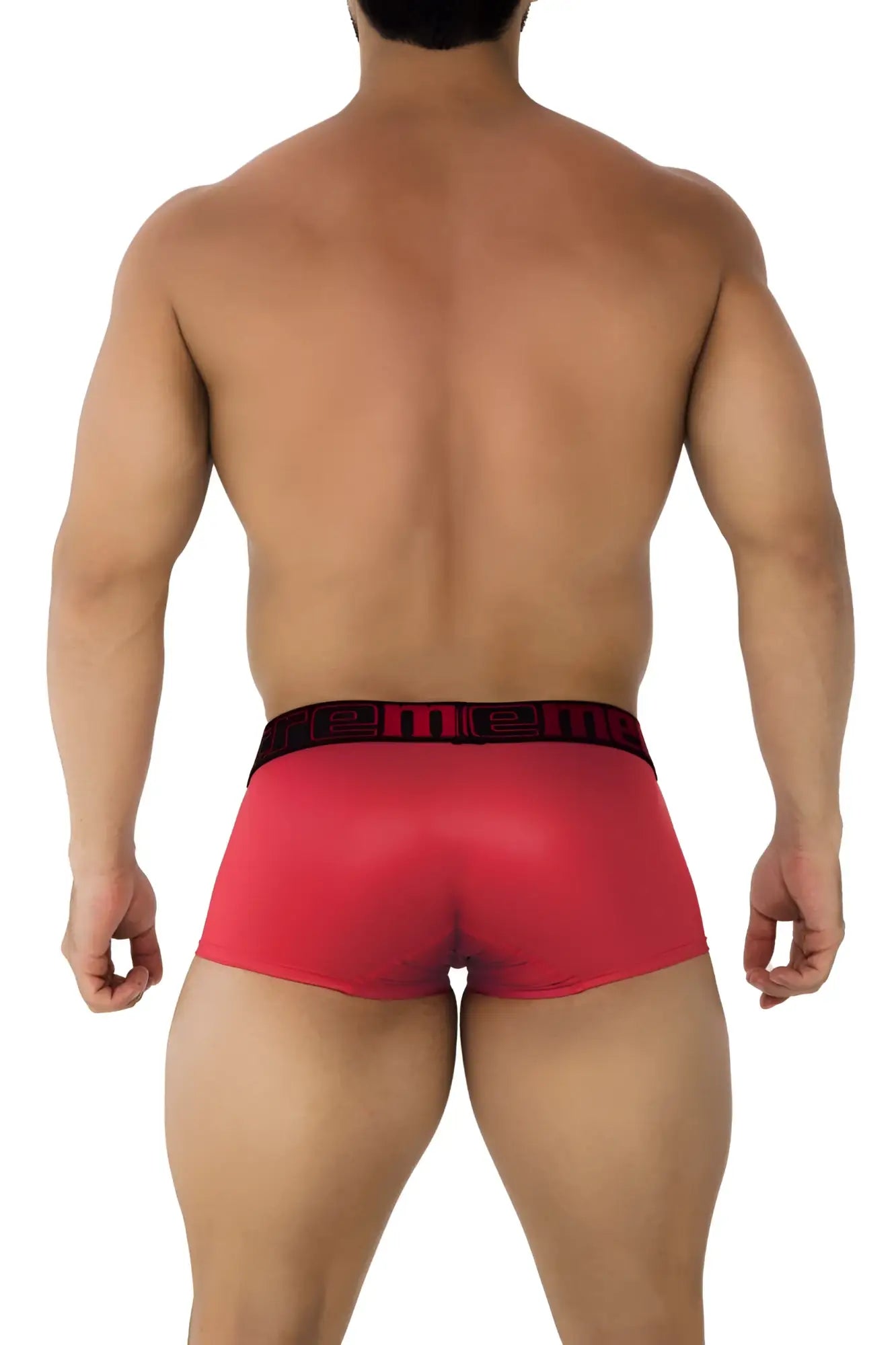 Red men’s microfiber briefs in cherry with a black elastic waistband featuring the men brand name in white lettering