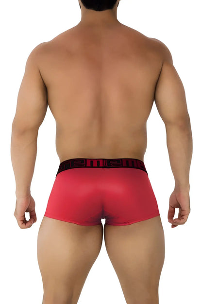 Red men’s microfiber briefs in cherry with a black elastic waistband featuring the men brand name in white lettering