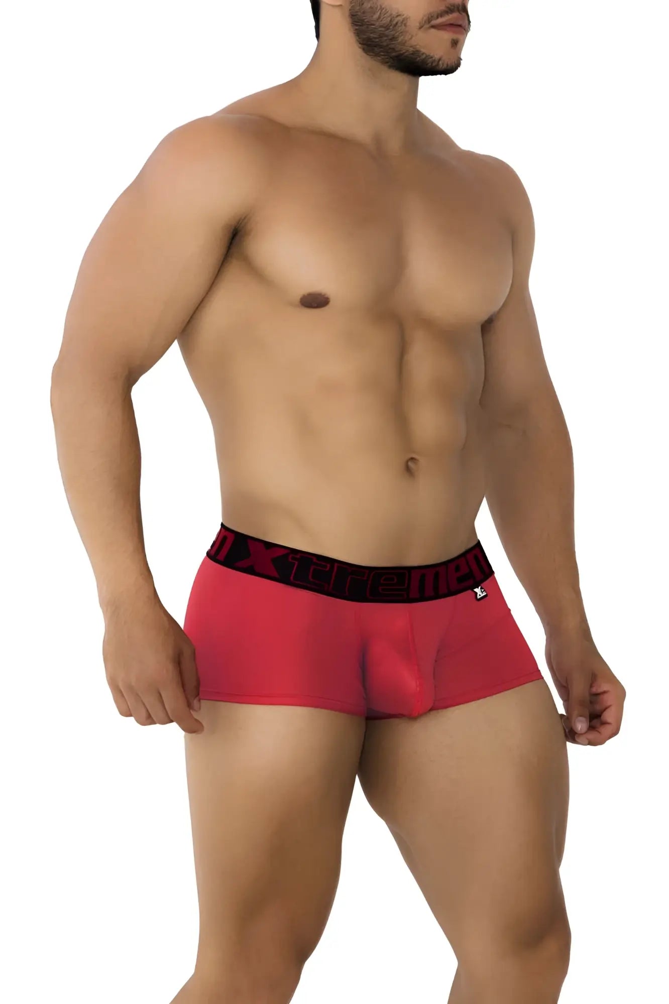 Red men’s microfiber trunks xtremen 91202 in cherry color with black elastic waistband and white lettering