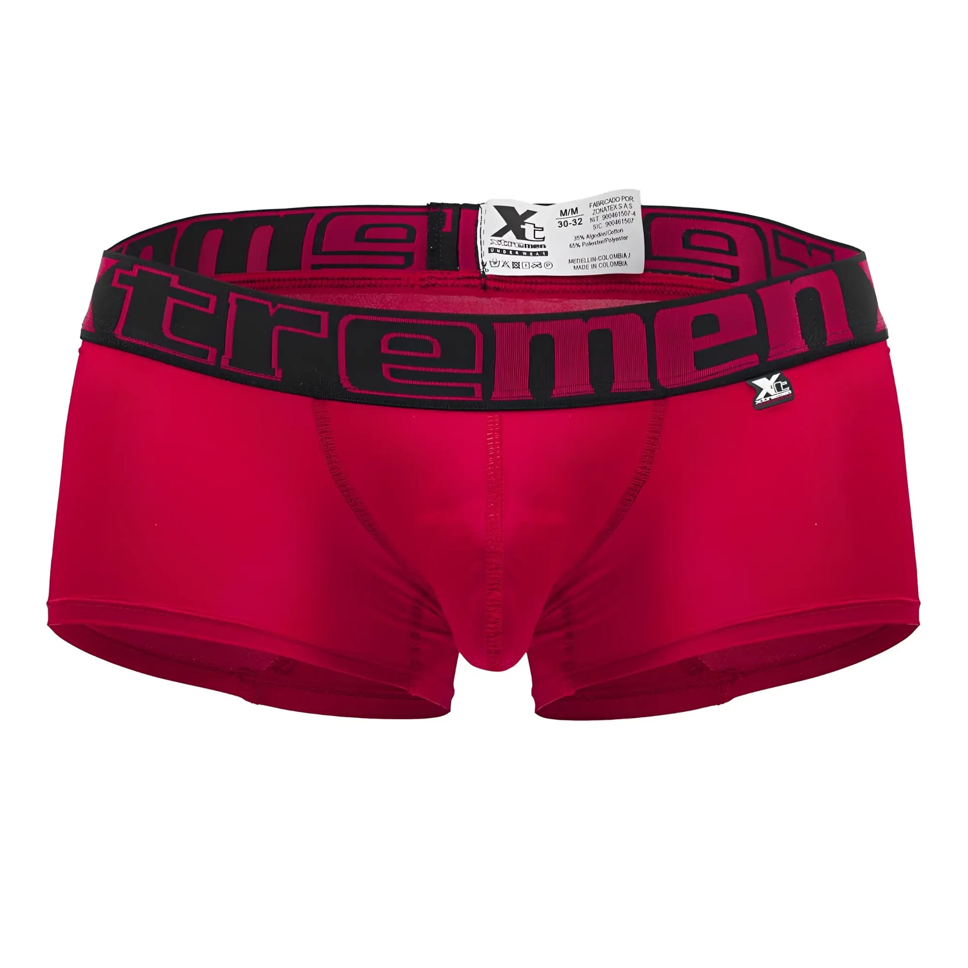 Red men’s microfiber trunks with black waistband featuring xtremen logo in pink and xlc brand tag color cherry