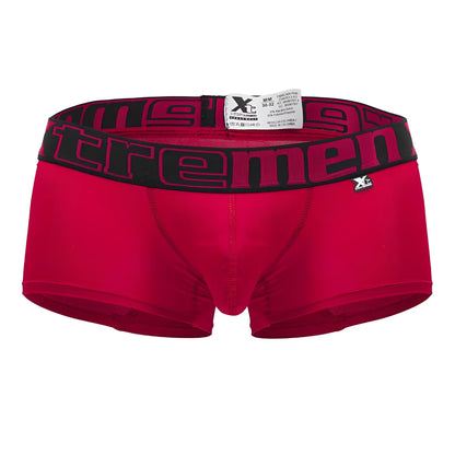 Red men’s microfiber trunks with black waistband featuring xtremen logo in pink and xlc brand tag color cherry