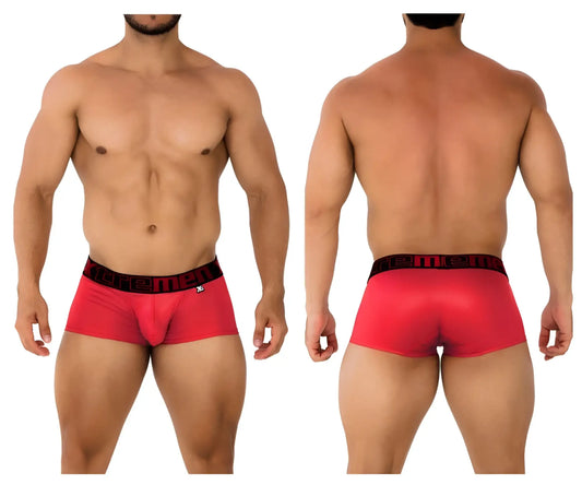 Xtremen 91202 microfiber trunks in cherry red with a black elastic waistband featuring men branding in white lettering