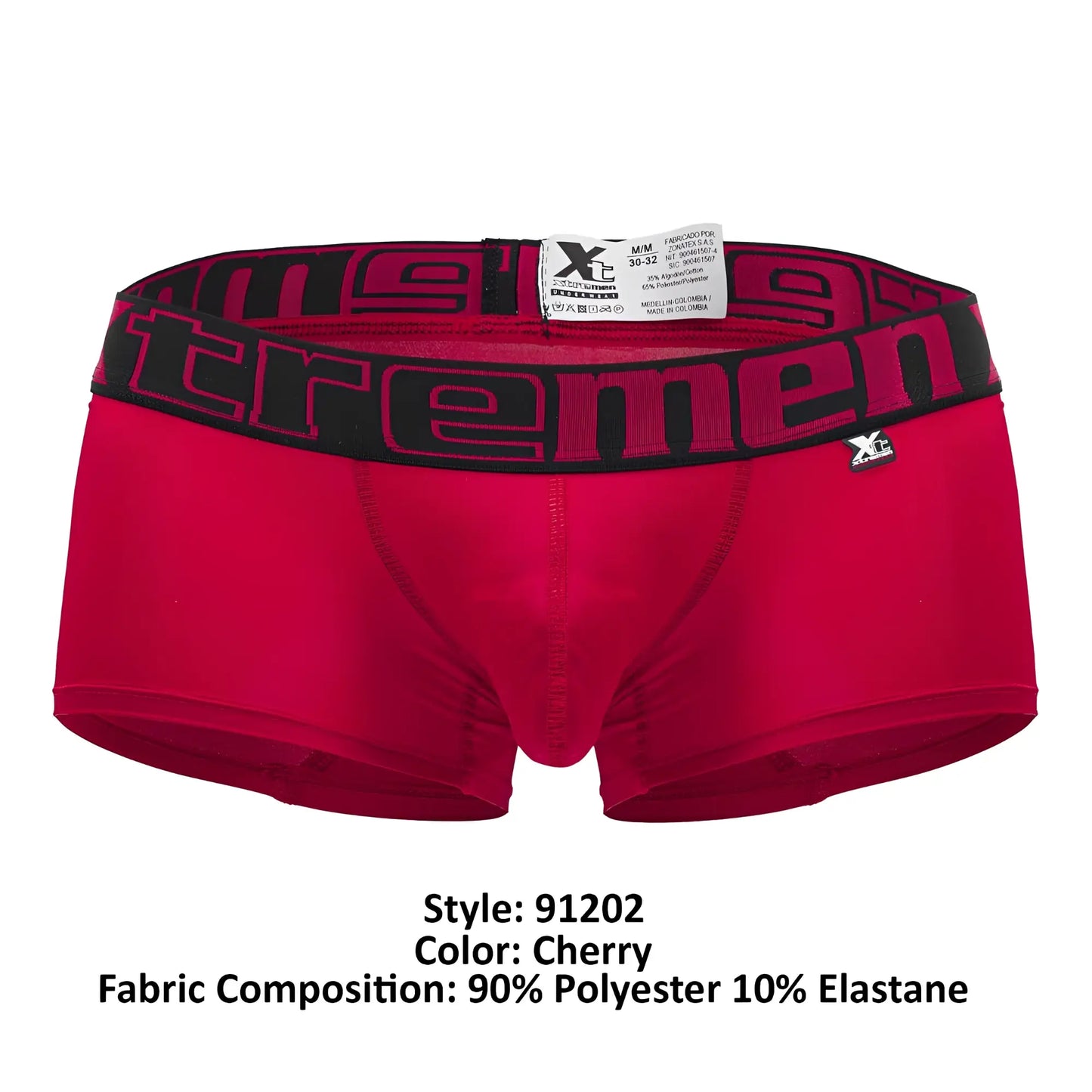 Xtremen 91202 microfiber cherry red men’s boxer briefs with black waistband and bold pink xtremen logo