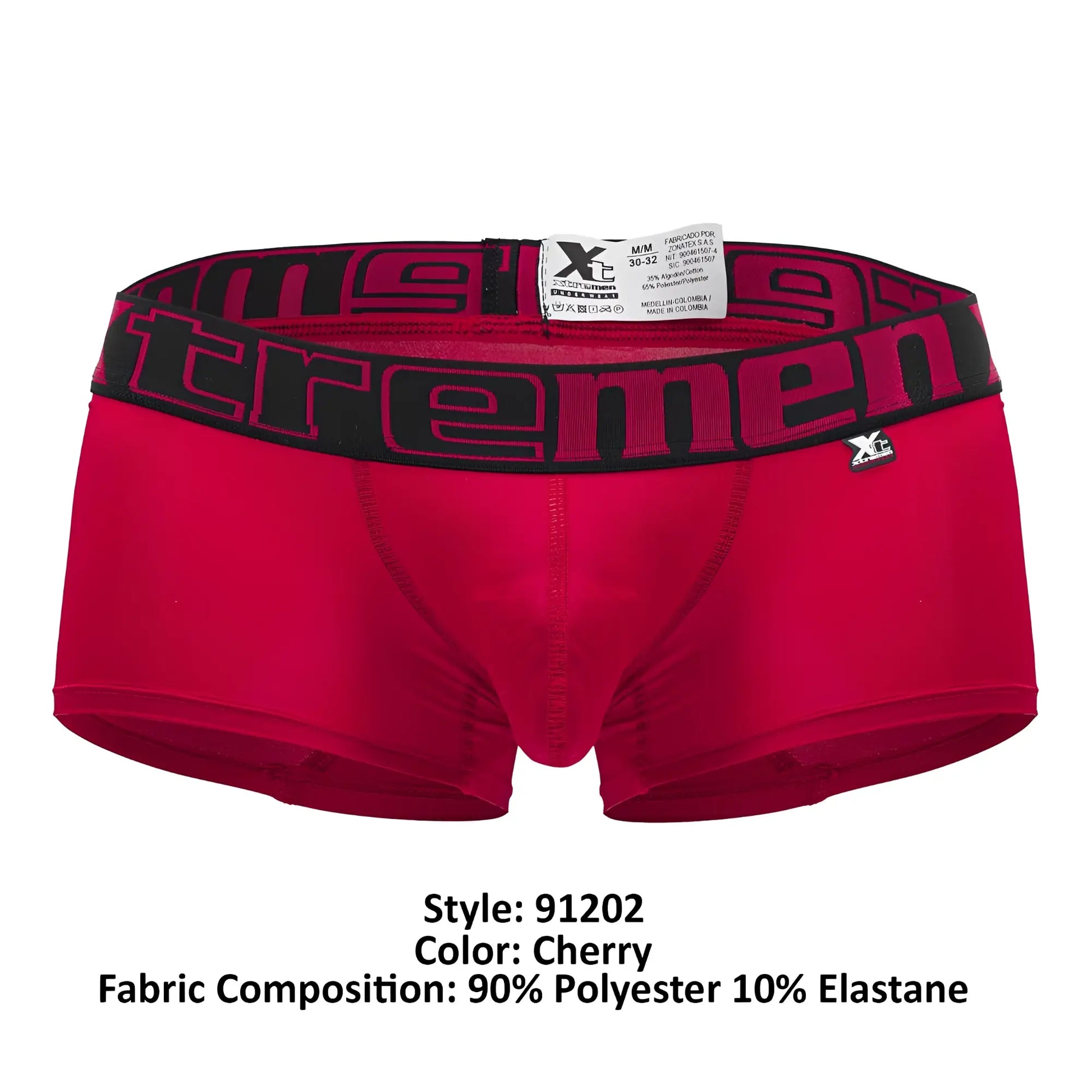 Xtremen 91202 microfiber cherry red men’s boxer briefs with black waistband and bold pink xtremen logo