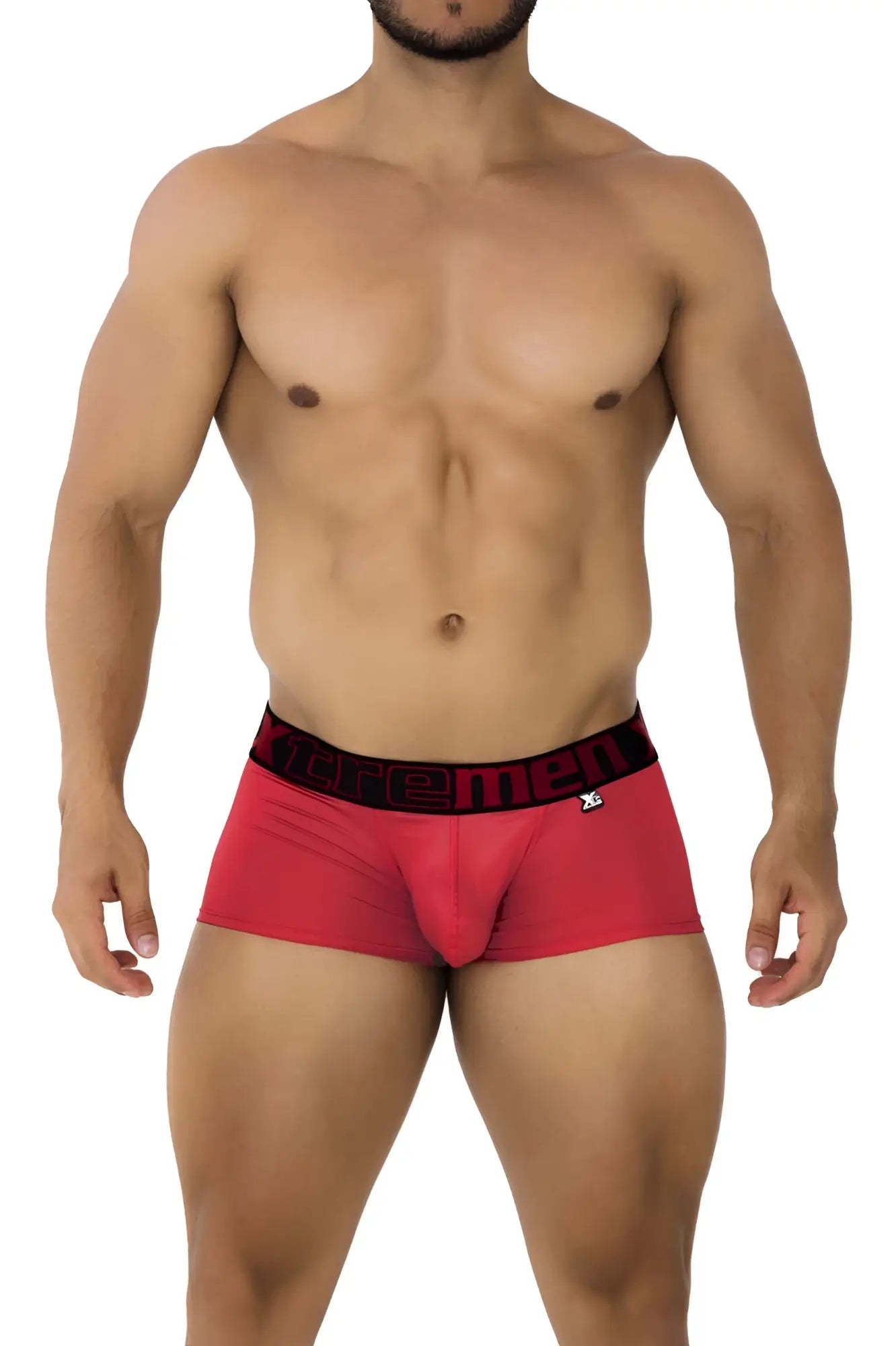 Red men’s microfiber boxer briefs with black elastic waistband featuring xtremen logo and x-shaped emblem in cherry color