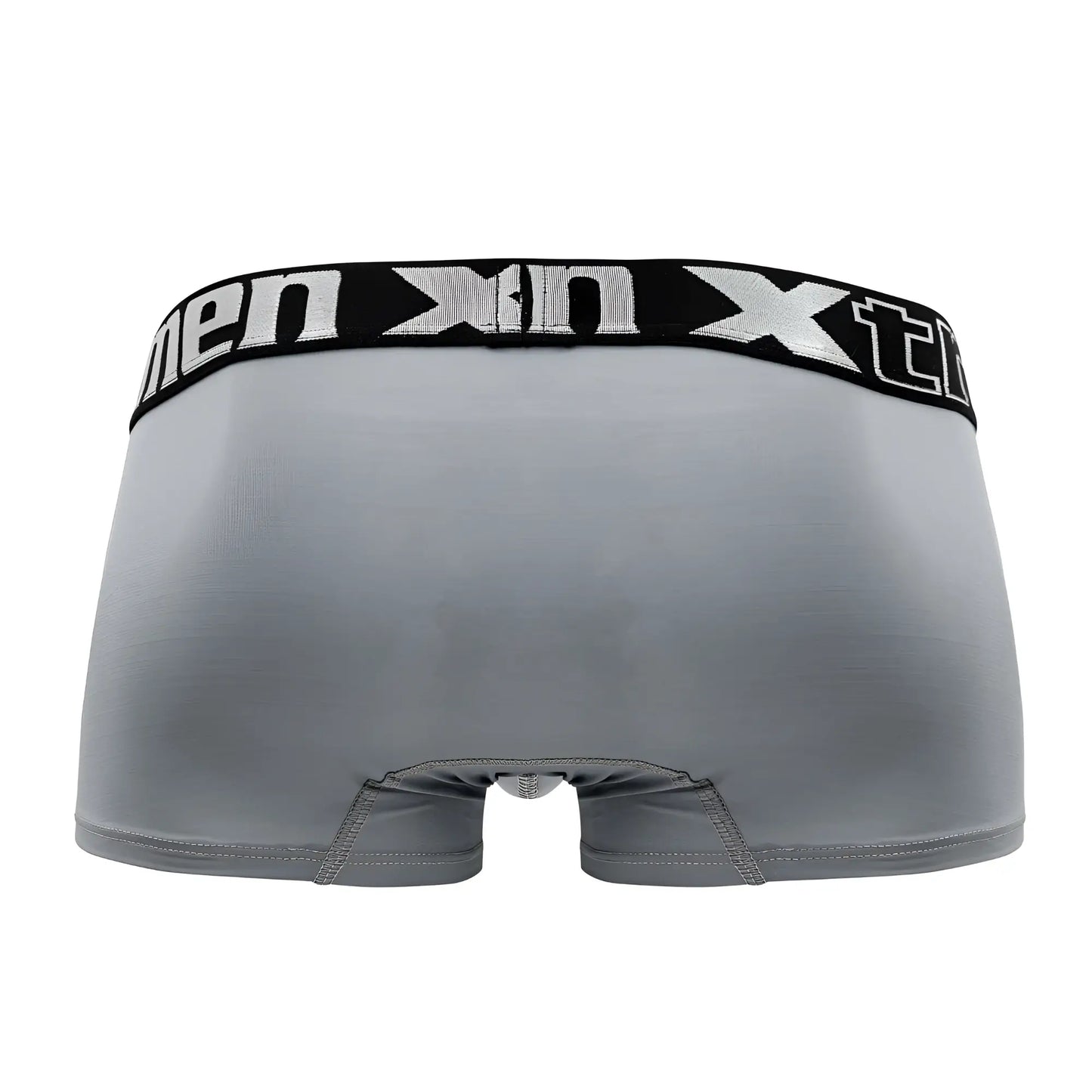 Gray men’s microfiber boxer briefs with black elastic waistband and white men xn branding xtremen 91202 trunks