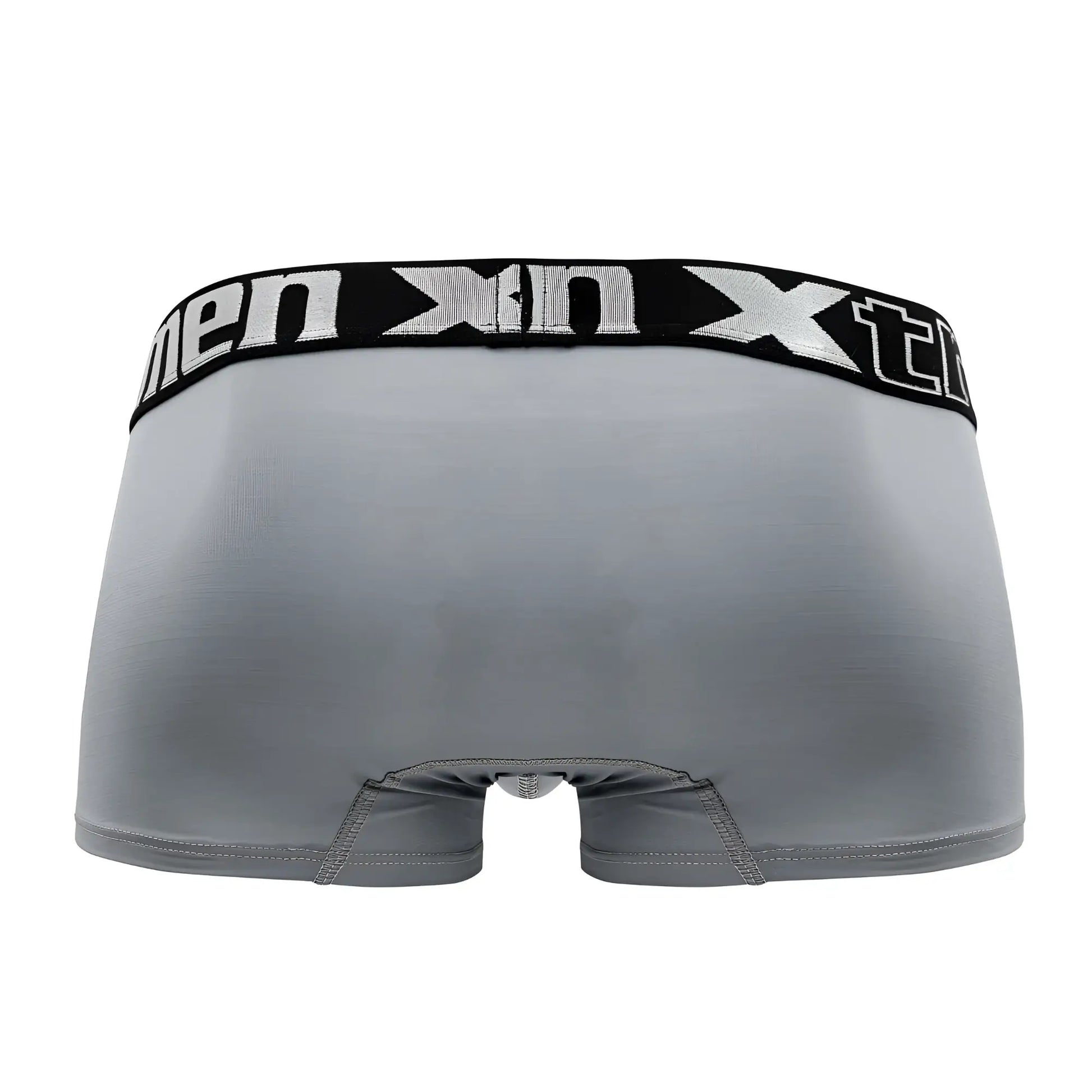 Gray men’s microfiber boxer briefs with black elastic waistband and white men xn branding xtremen 91202 trunks