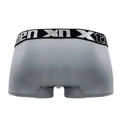 Gray men’s microfiber boxer briefs with black elastic waistband and white men xn branding xtremen 91202 trunks