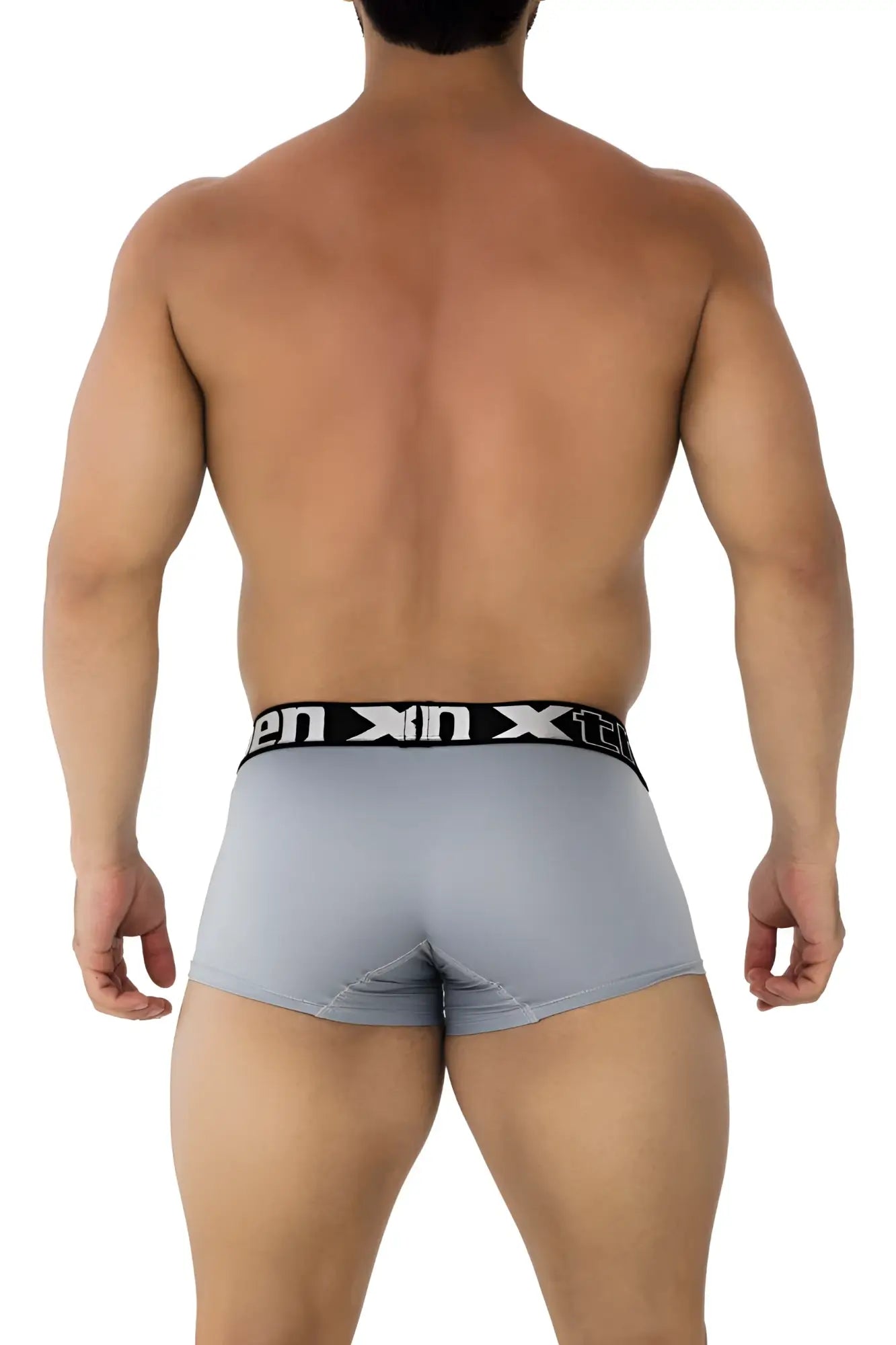 Gray xtremen 91202 microfiber men’s boxer briefs with black elastic waistband and white xin logo