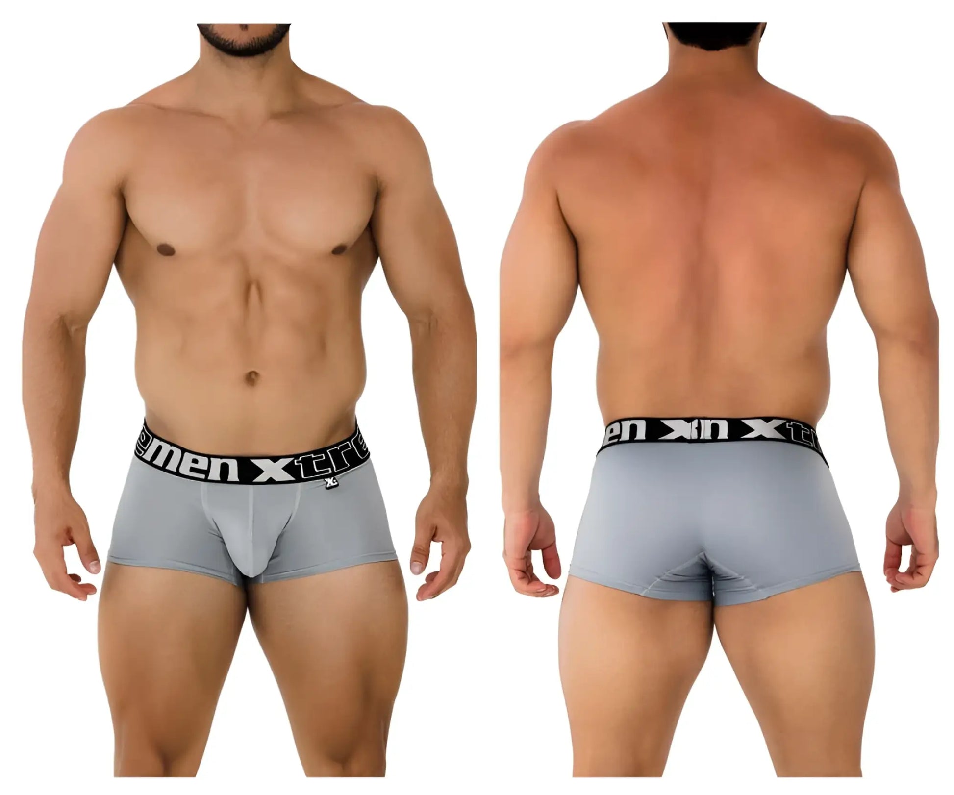 Gray men’s microfiber boxer briefs with black elastic waistband and men xtra logo in white xtremen 91202 trunks