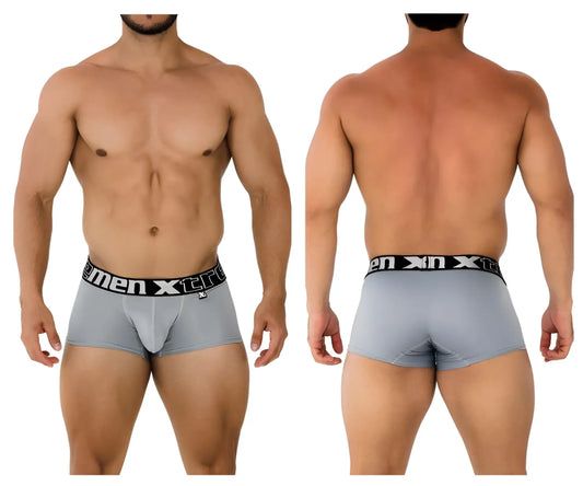 Gray men’s microfiber boxer briefs with black elastic waistband and men xtra logo in white xtremen 91202 trunks