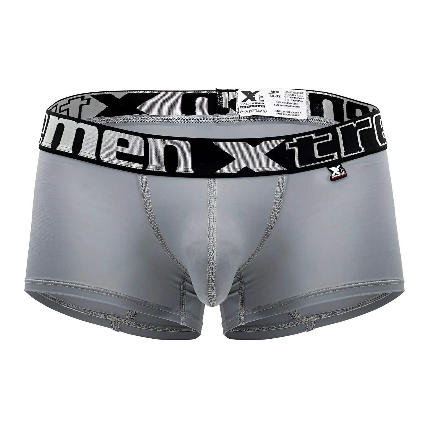 Gray xtremen 91202 microfiber trunks with black elastic waistband and white xtreme lettering and brand tag attached