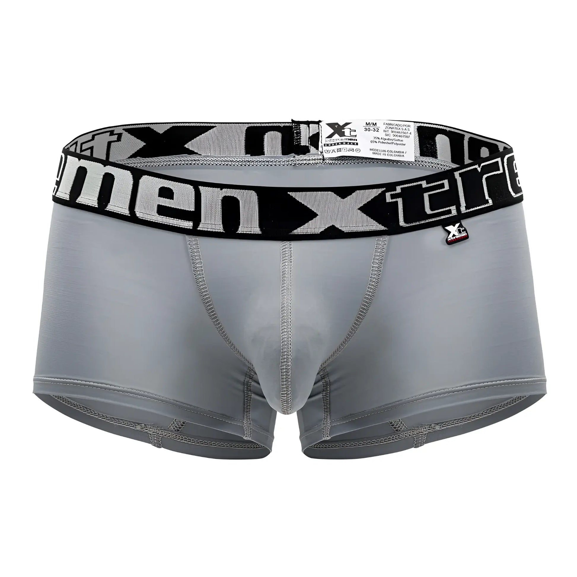 Gray xtremen 91202 microfiber trunks with black elastic waistband and white xtreme lettering and brand tag attached