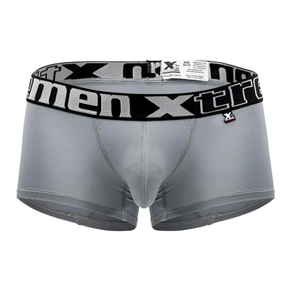 Gray xtremen 91202 microfiber trunks with black elastic waistband and white xtreme lettering and brand tag attached