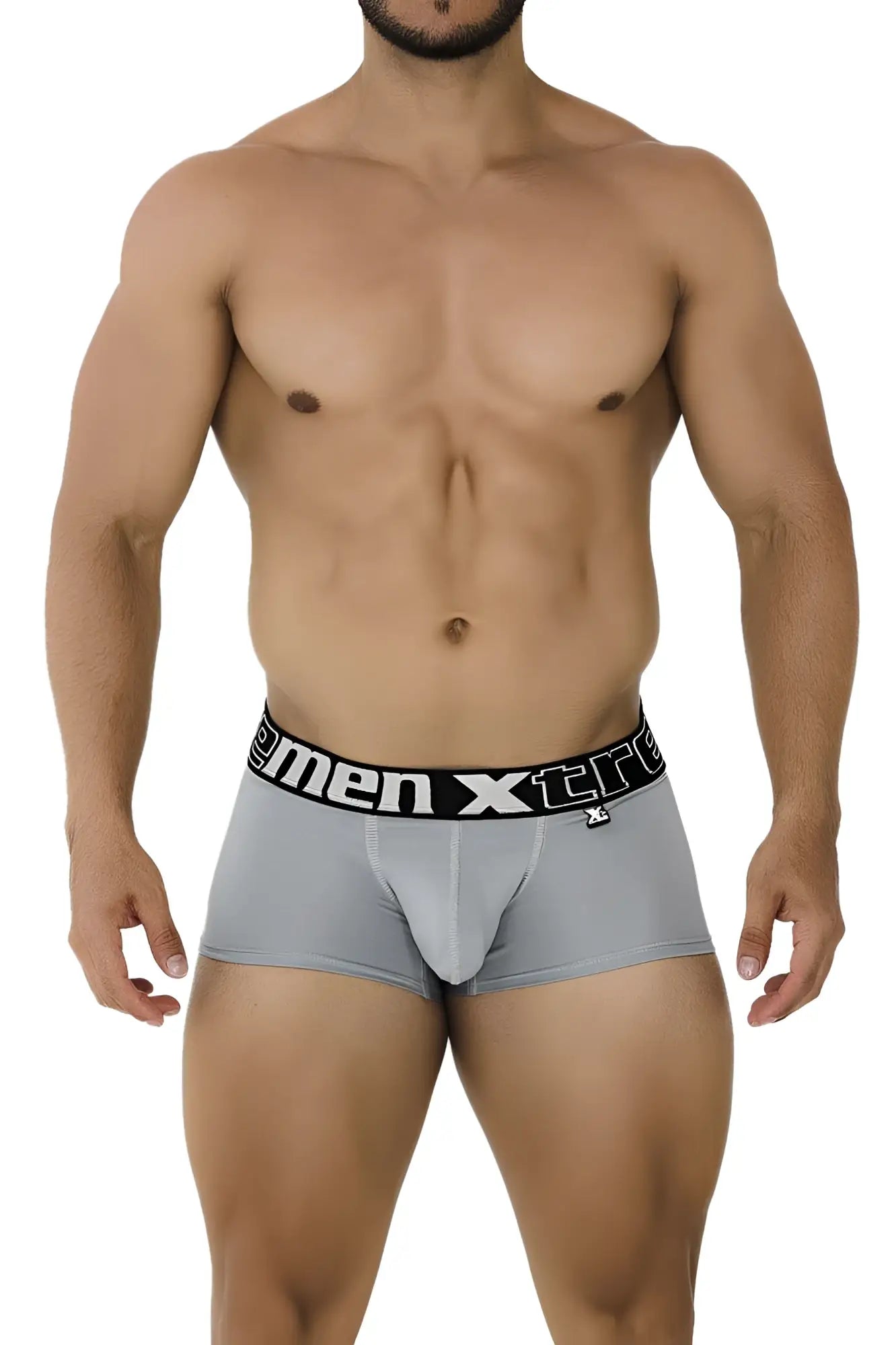 Gray xtremen 91202 microfiber men’s boxer briefs with black elastic waistband and white xtreme logo