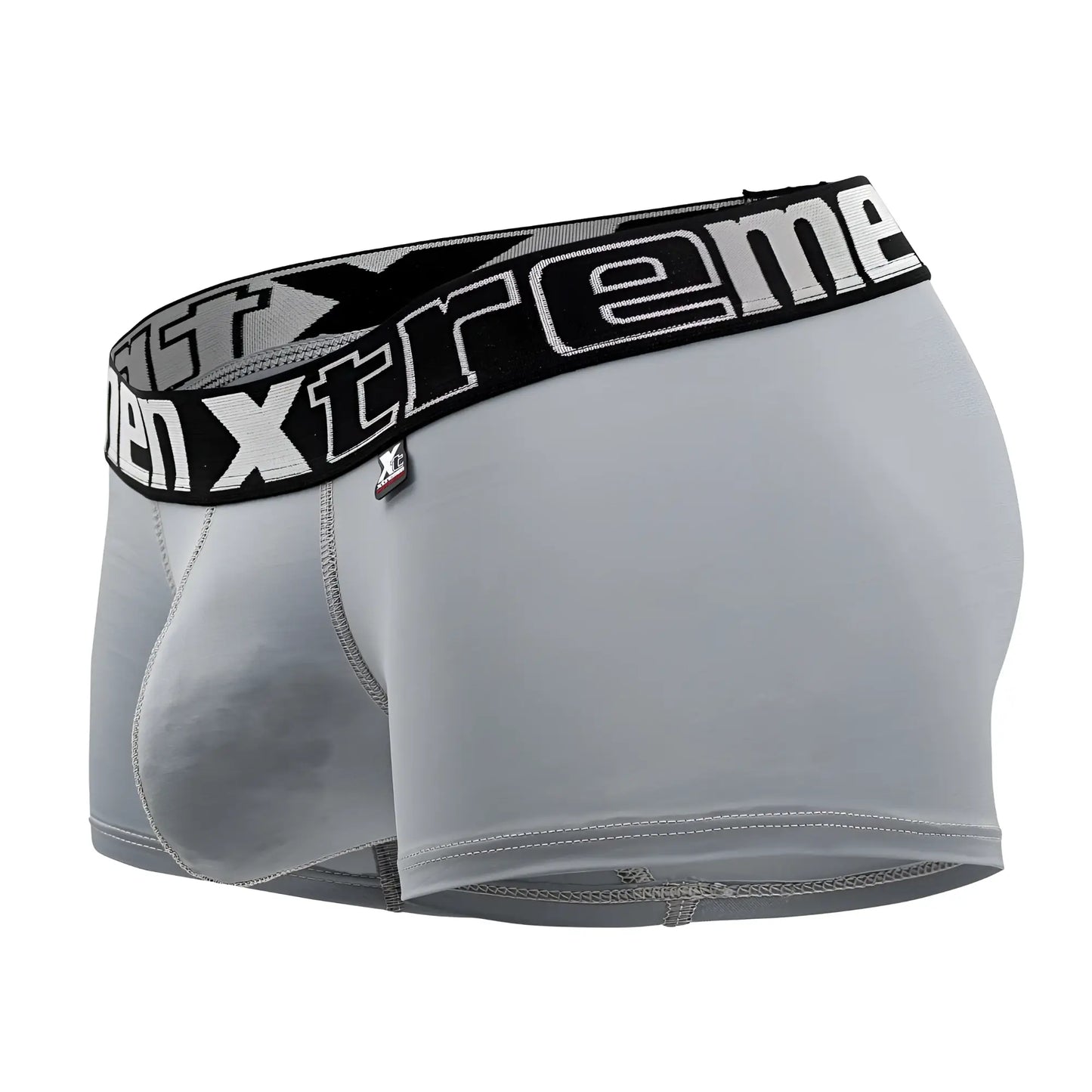 Gray xtremen 91202 microfiber men’s boxer briefs with black elastic waistband and white xtreme branding and logo tag