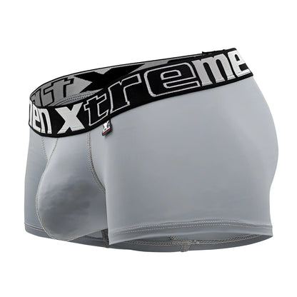Gray xtremen 91202 microfiber men’s boxer briefs with black elastic waistband and white xtreme branding and logo tag