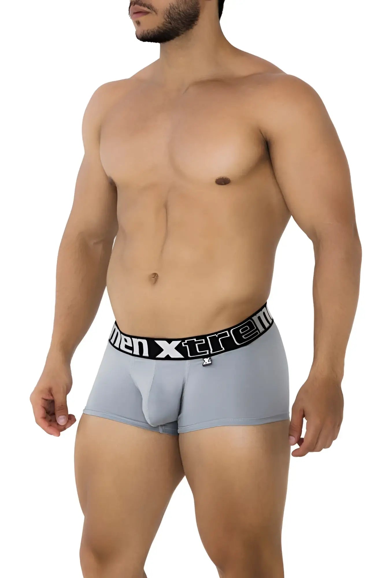 Gray xtremen 91202 microfiber men’s boxer briefs with black waistband and white men xtreme logo