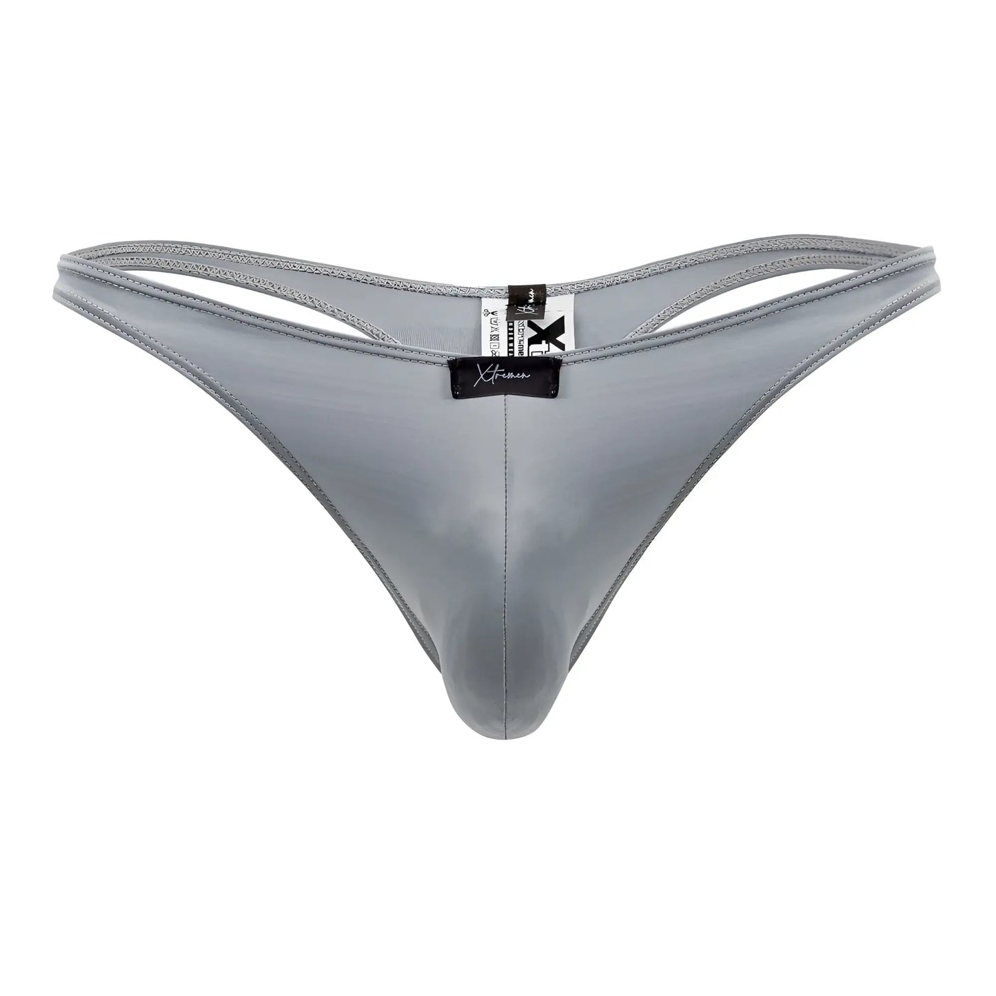 Gray shiny nylon xtremen 91203 microfiber thong with black brand tag visible at the back side of the product