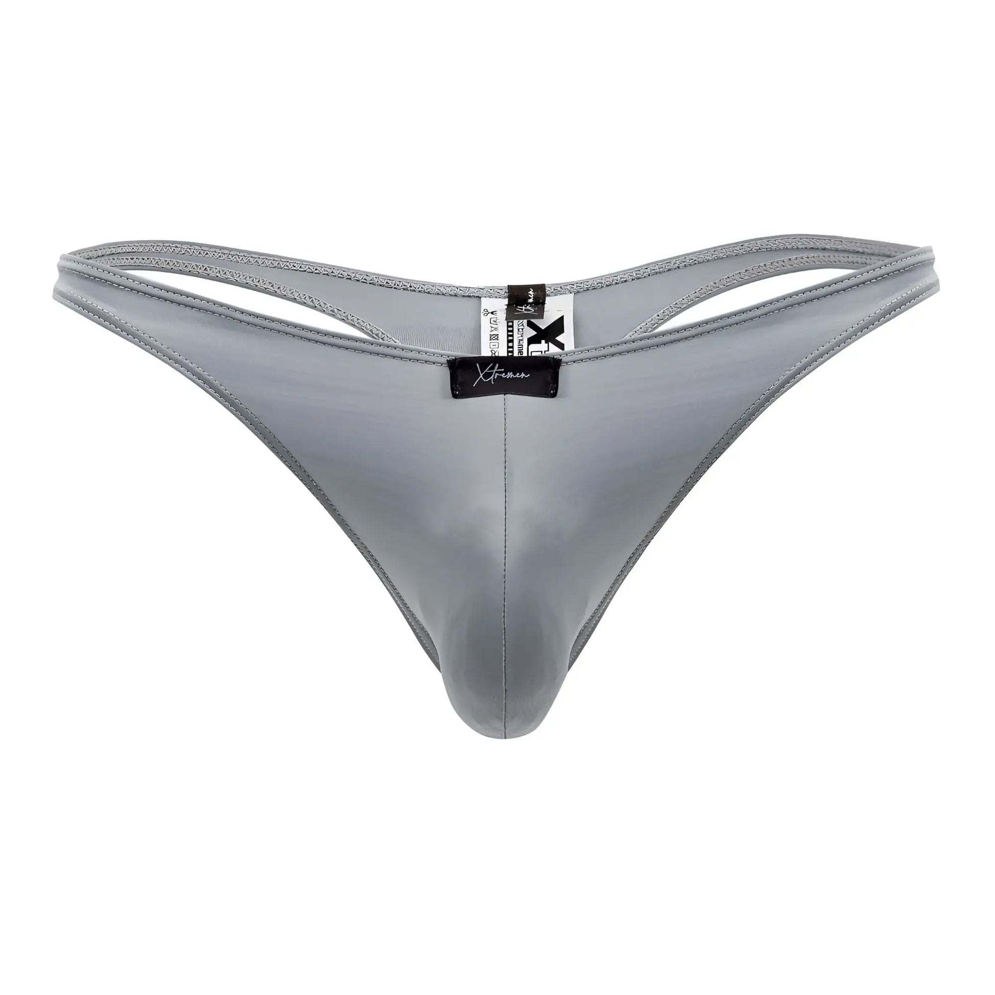 Gray shiny nylon xtremen 91203 microfiber thong with black brand tag visible at the back side of the product