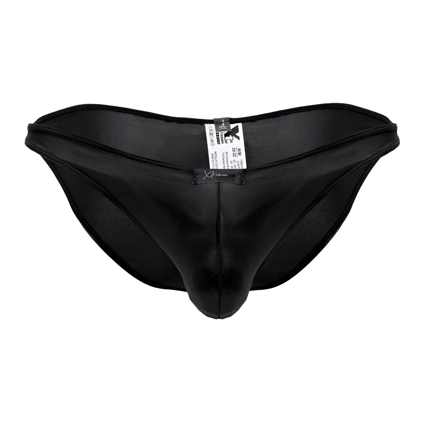 Black xtremen 91204 microfiber bikini briefs with smooth glossy satin finish and central seam for men