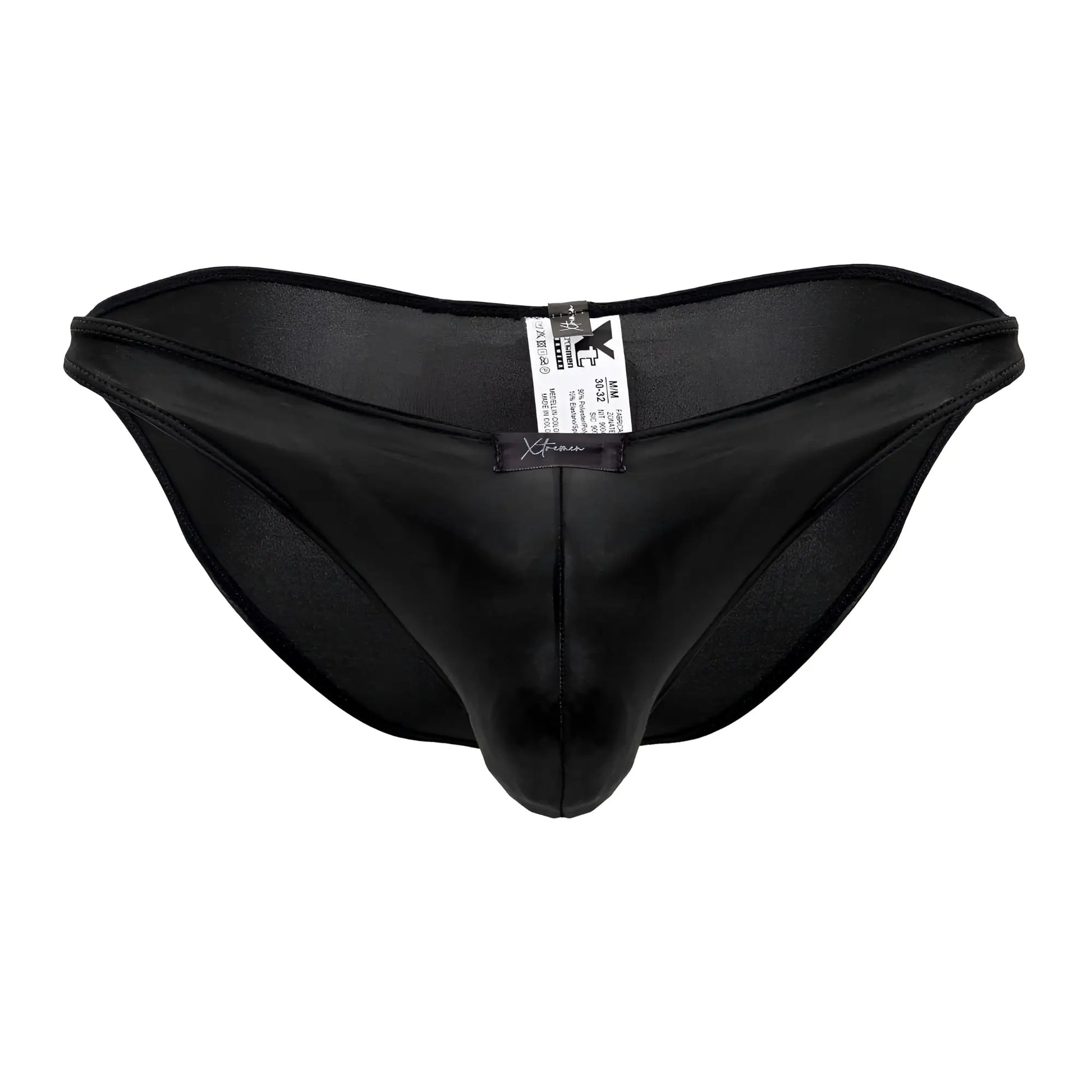 Black xtremen 91204 microfiber bikini briefs with smooth glossy satin finish and central seam for men