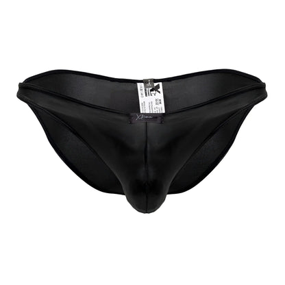 Black xtremen 91204 microfiber bikini briefs with smooth glossy satin finish and central seam for men