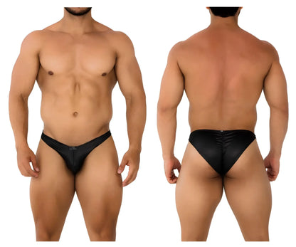 Black shiny latex briefs with subtle ruched back detail from xtremen 91204 microfiber bikini in black shown from back
