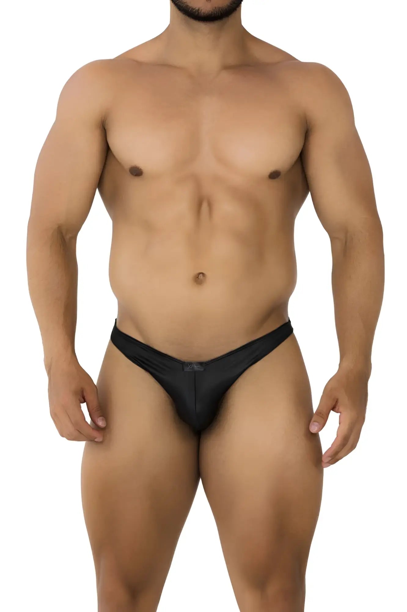 Black sleek form-fitting thong made of smooth shiny microfiber in xtremen 91204 bikini style back view