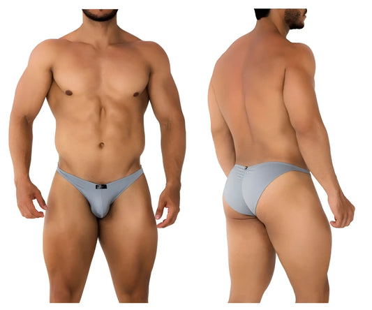 Light gray form-fitting men’s briefs xtremen 91204 microfiber bikini with smooth fabric and small black logo on front