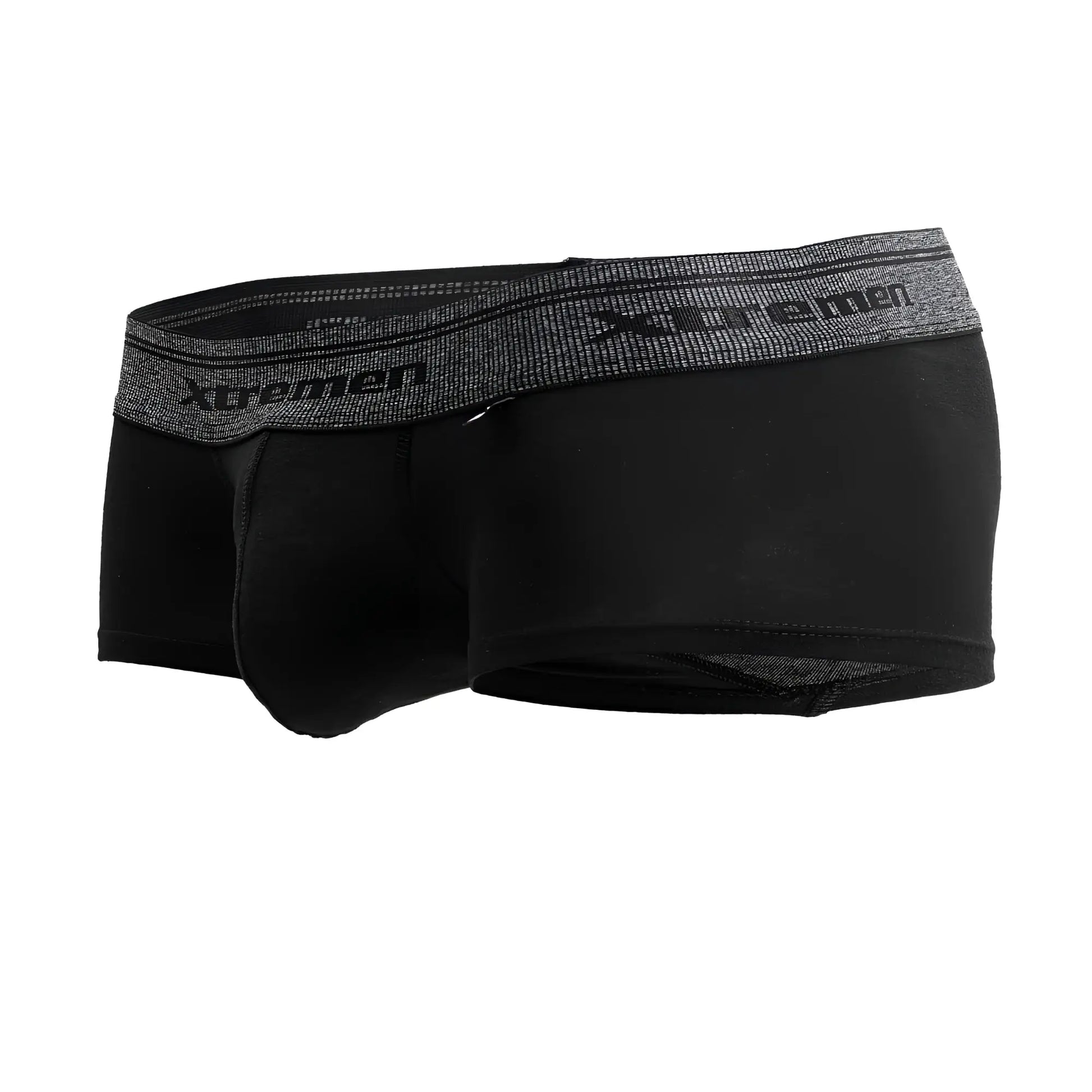 Black men’s boxer briefs with gray textured waistband featuring xtremen logo cotton blend trunks color black