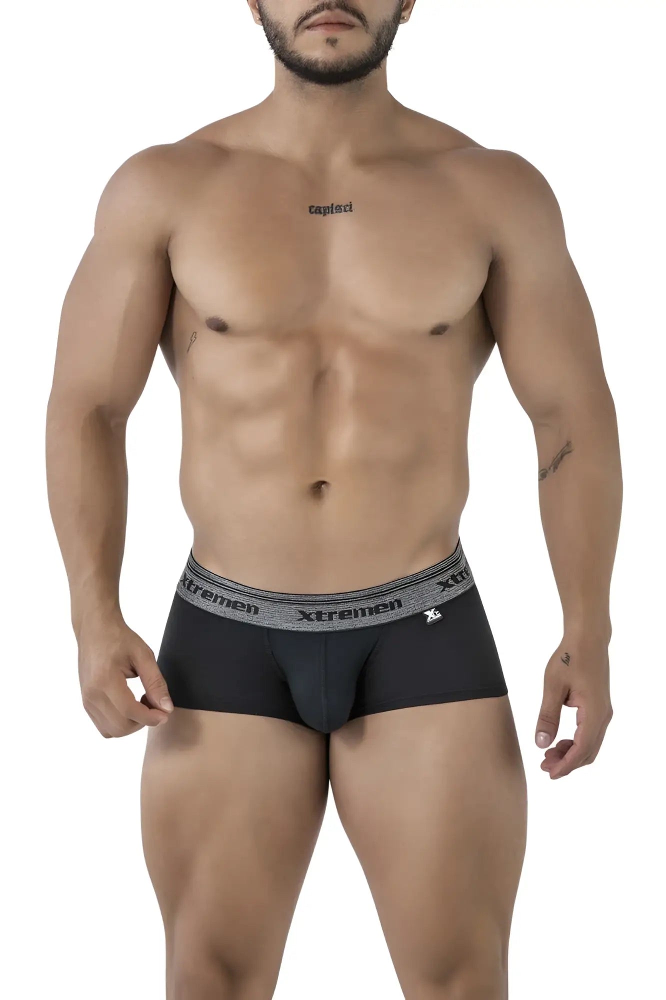 Black xtremen 91205b cotton blend men’s briefs with gray elastic waistband featuring brand name and logo