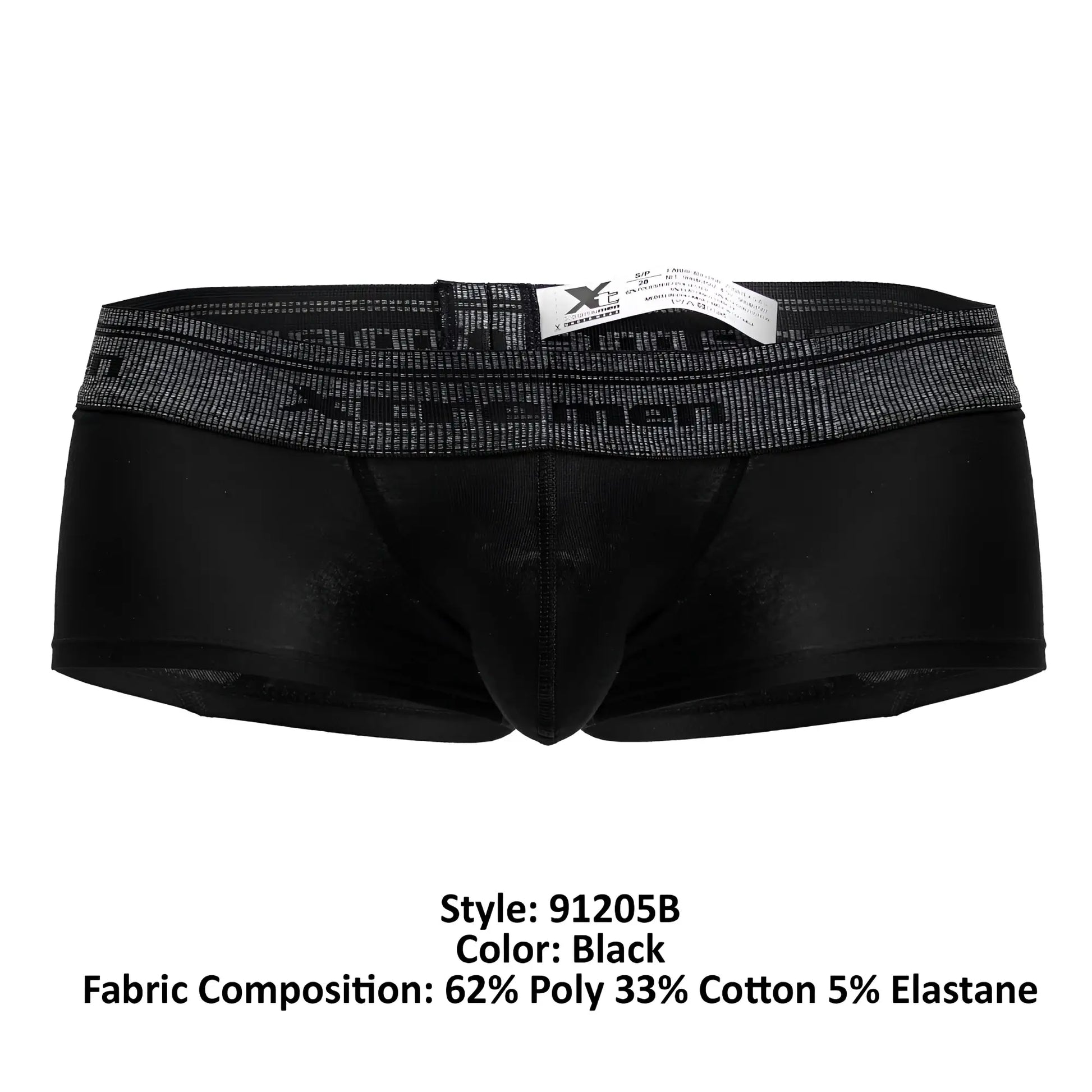Black xtremen 91205b cotton blend trunks with textured dark gray waistband and x-hercules logo in black lettering