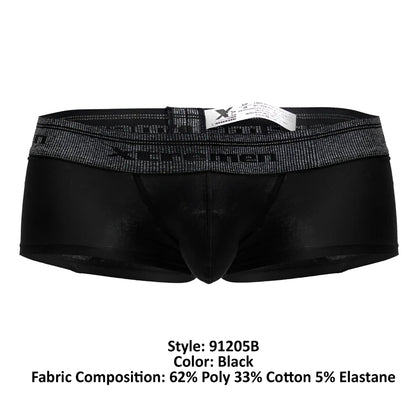 Black xtremen 91205b cotton blend trunks with textured dark gray waistband and x-hercules logo in black lettering