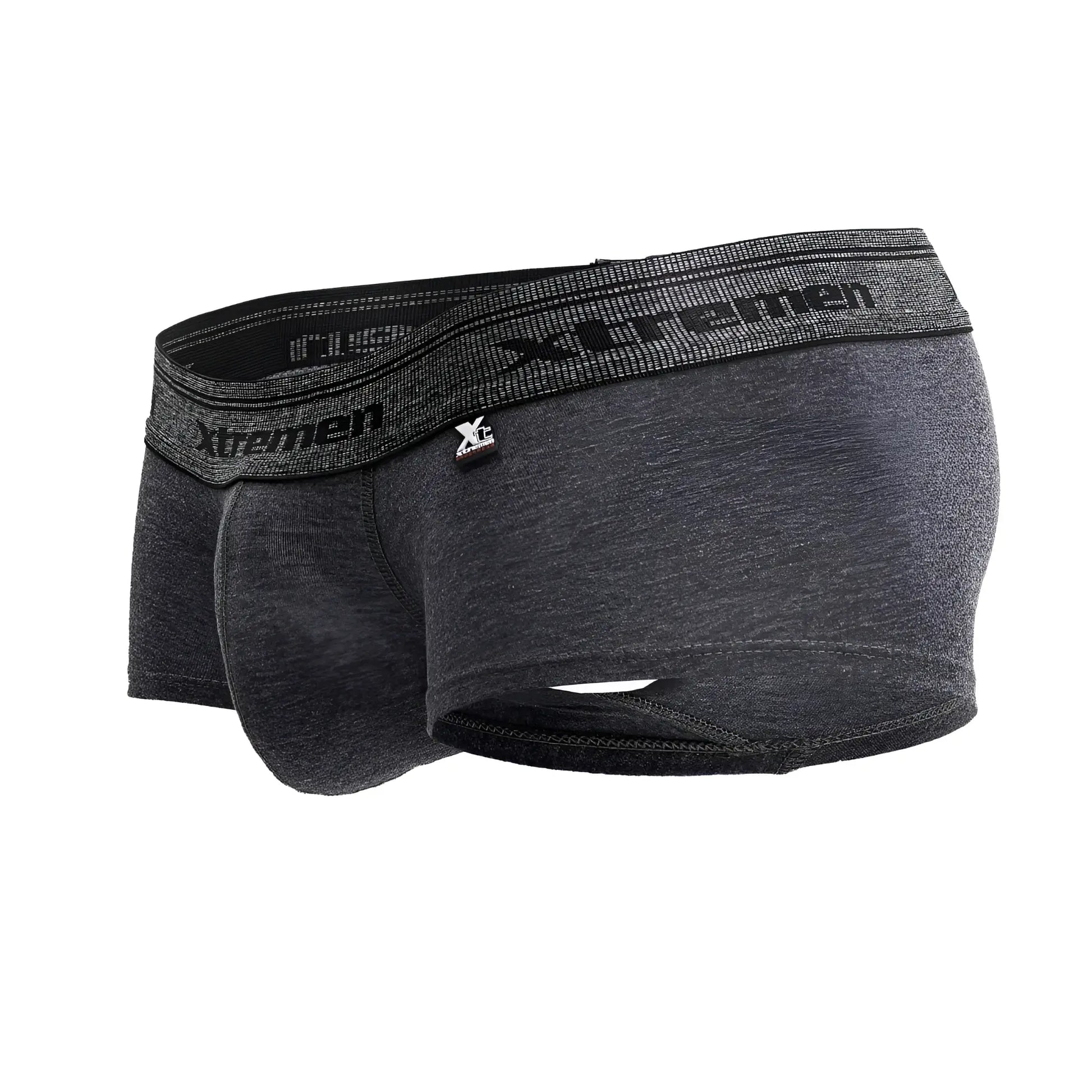 Dark gray heathered xtremen cotton blend trunks with black elastic waistband featuring xtremen logo and brand name