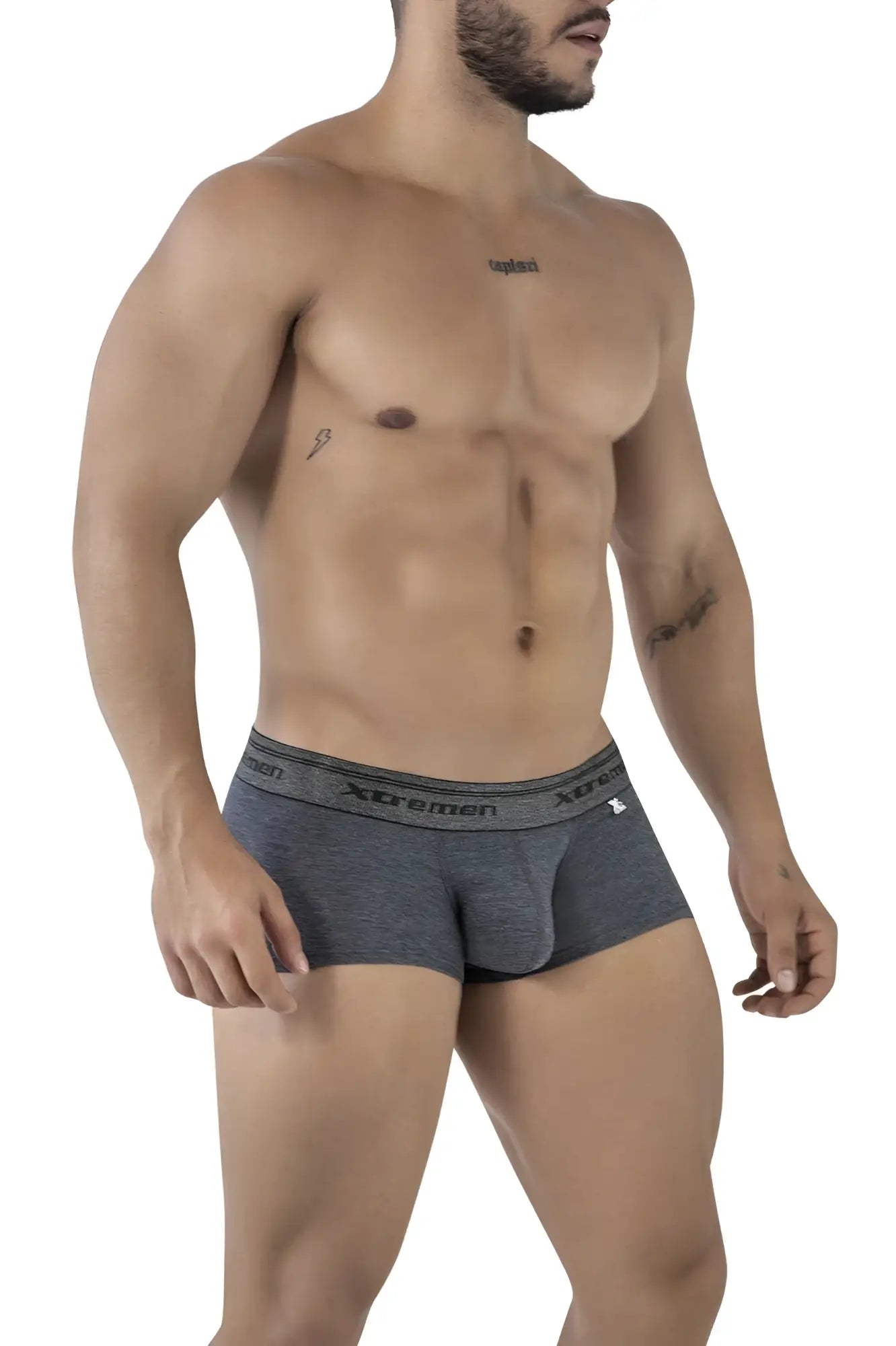 Gray heathered xtremen 91205b cotton blend men’s briefs with black elastic waistband featuring brand name and logo