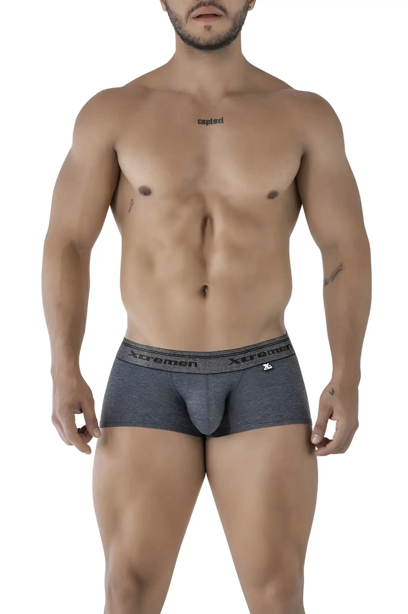 Gray heathered xtremen 91205b cotton blend men’s boxer briefs with contoured pouch and branded waistband